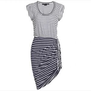 Veronica Beard Tamri Navy Blue & White Striped Ruched Cotton Dress Size Small